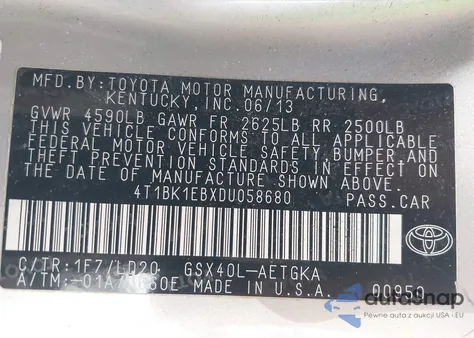 2013 Toyota Avalon Xle from USA, damaged, VIN 4T1BK1EBXDU058680